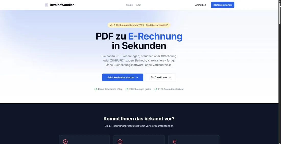 Startseite von InvoiceWandler mit der Überschrift „PDF zu E-Rechnung in Sekunden“.