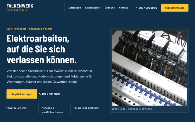 Vorschau der Beispielseite für Falkenwerk Elektrotechnik: dunkelblaue Bühne mit Elektriker am Zählerschrank.