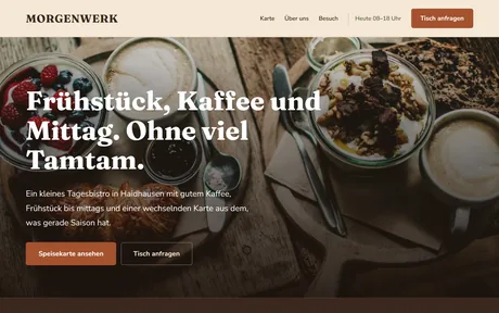 Vorschau der Beispielseite für MORGENWERK: warme Bühne mit Frühstückstisch.