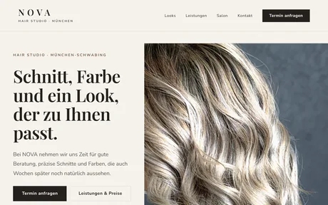 Vorschau der Beispielseite für NOVA Hair Studio: helle Bühne mit großem Salonfoto.