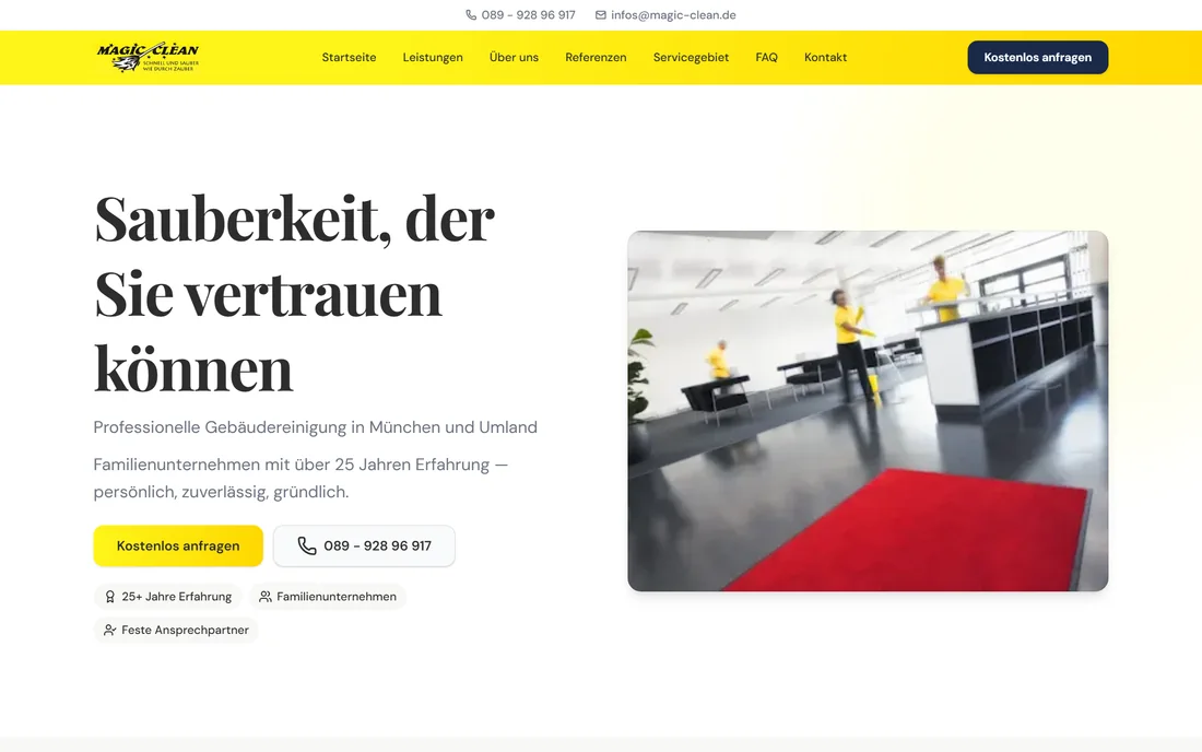 Startseite der Website von Magic Clean auf einem Desktop-Bildschirm: Überschrift „Sauberkeit, der Sie vertrauen können“ mit Foto eines Reinigungsteams.